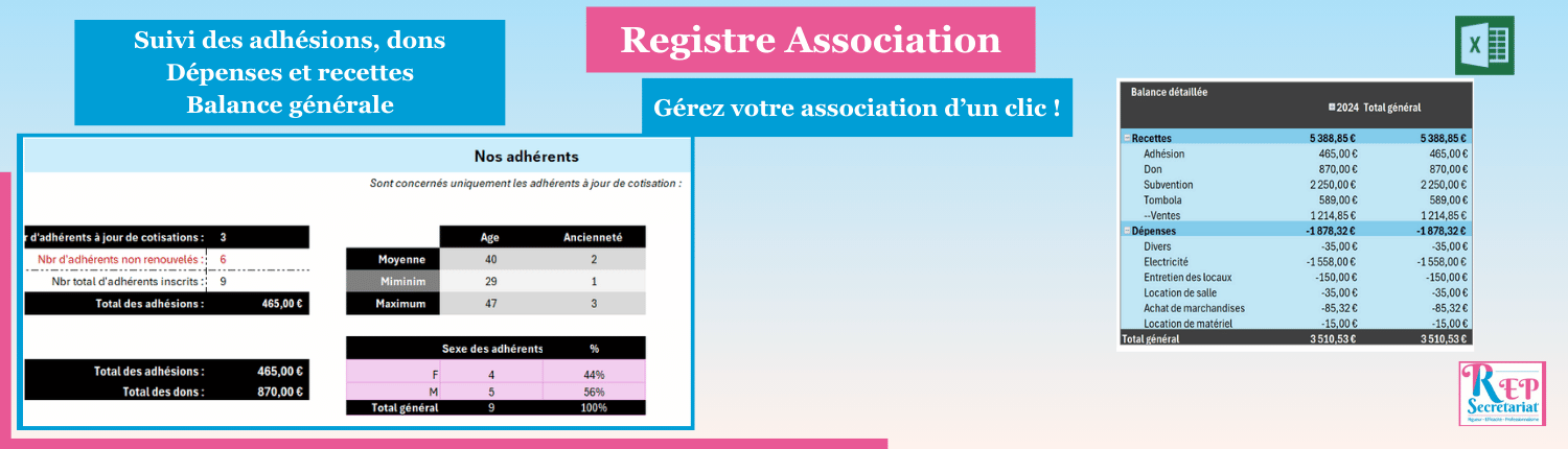 presentation du registre association sur Excel