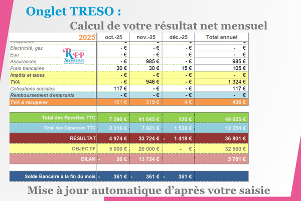 Pack Treso V2 - Treso Bilan suivre sa trésorerie et son bilan mensuel sur Excel