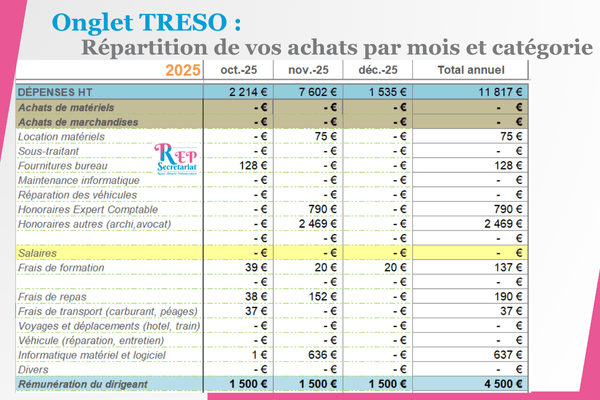 Pack Treso V2 - Treso Dépenses tableau de gestion des achats sur Excel