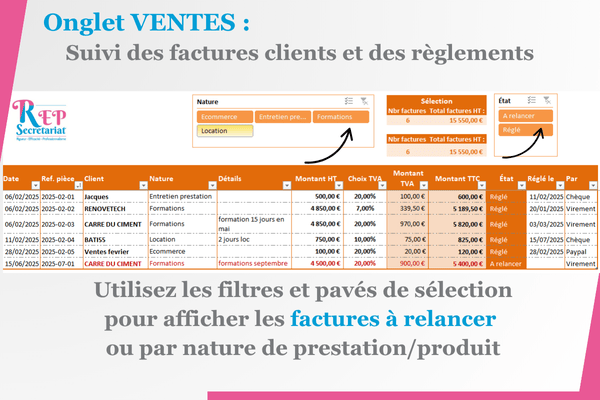 Pack Treso V2 - Ventes suivi des factures clients et des réglements sur Excel